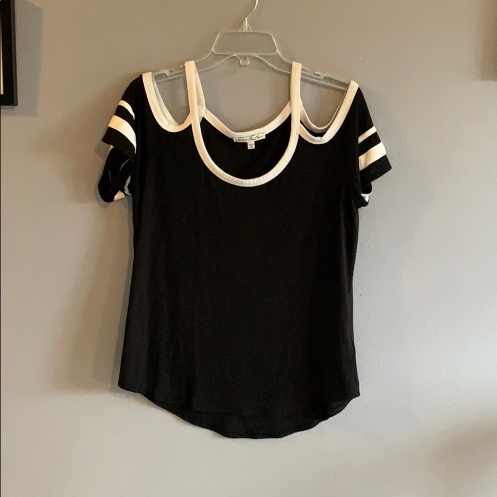 Express Black & White Color Block cold shoulder tee